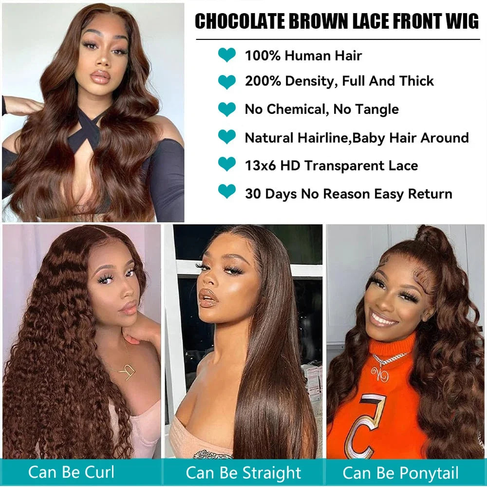 Body Wave Chocolate Brown Lace Front Wigs Human Hair 13x4 13x6 HD Lace Frontal Wig For Women Peruvian Lace Wigs Natural Hairline